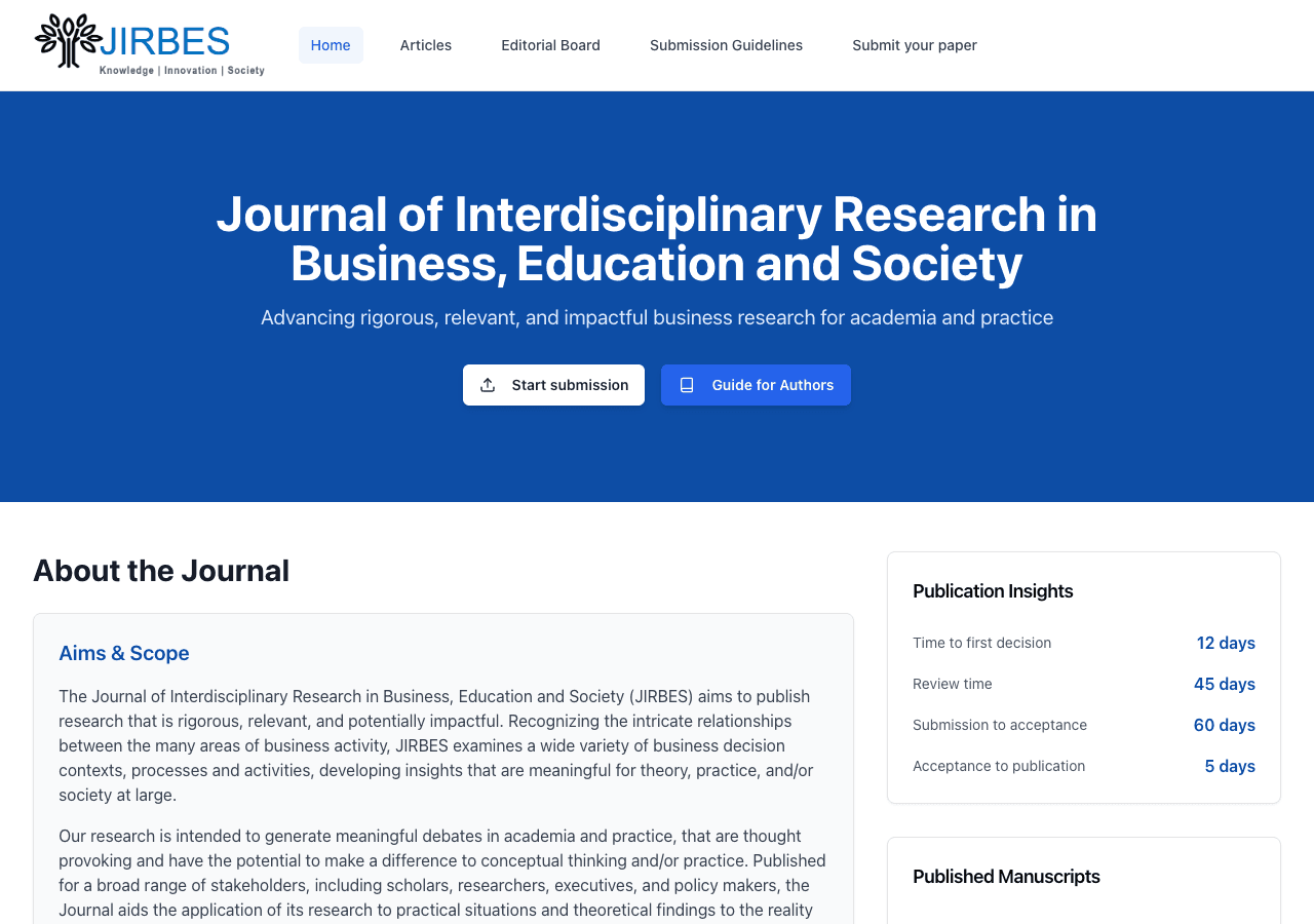 JIRBES journal homepage — Journal of Interdisciplinary Research in Business, Education and Society