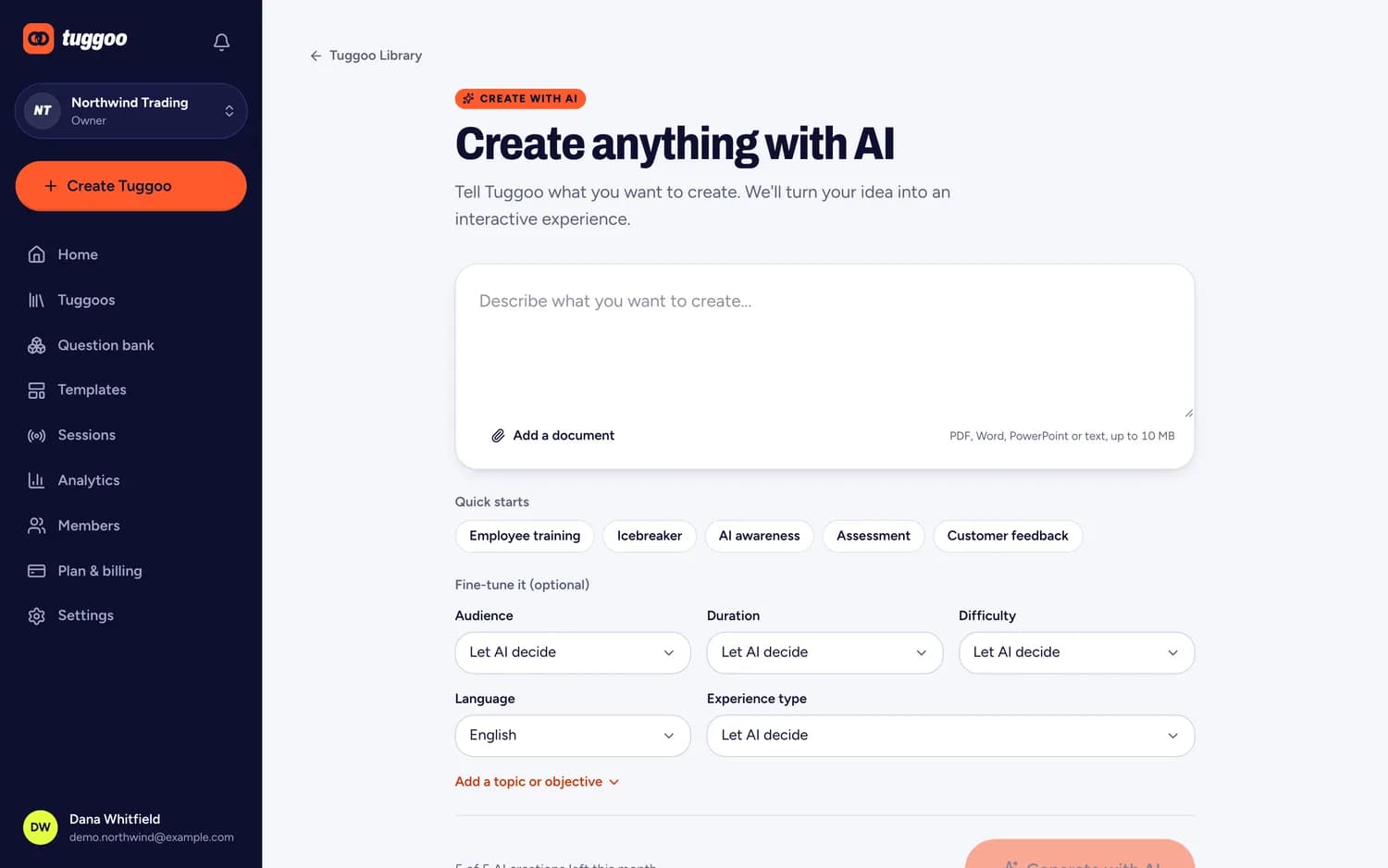 Create with AI: a prompt box describing the topic, with settings for how many questions to draft and the audience.