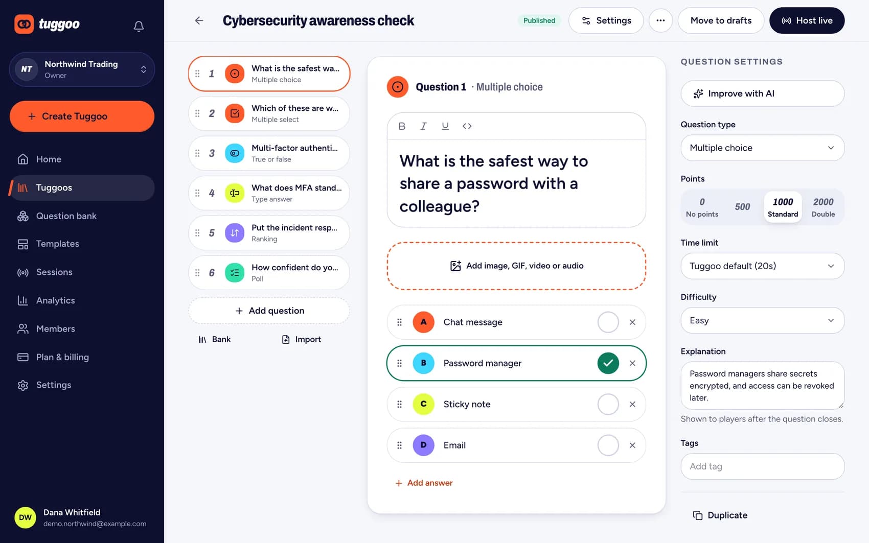 The Tuggoo builder: a list of six questions with their types — multiple choice, multiple select, true or false, type answer, ranking and poll — and a Host live button.
