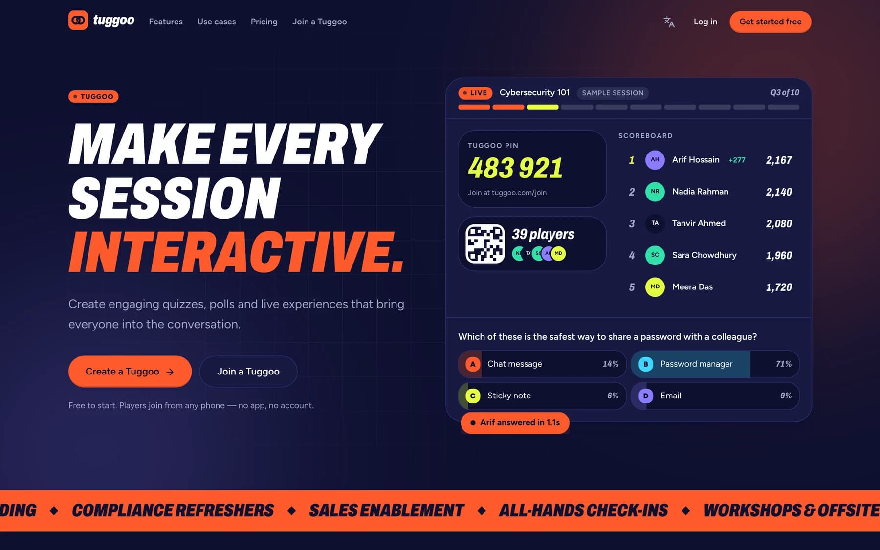 Tuggoo's home page: the headline Make every session interactive, beside a sample live session showing a Tuggoo PIN, a scoreboard and the live answer spread for a question.