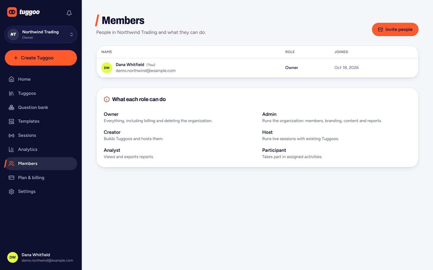 The Members page: people in the organization listed with their roles, and a button to invite more.