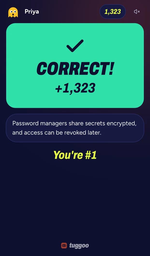 A player's phone after the question closes: CORRECT with the points gained, the explanation, and their position in the room.
