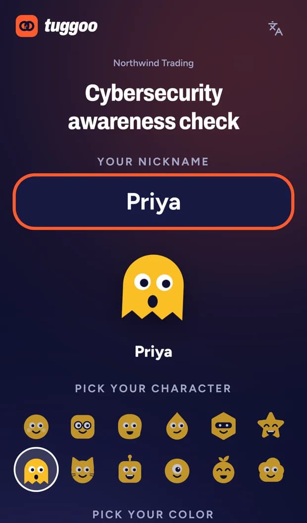 The join screen on a phone: the organization and Tuggoo name, a nickname field, and a character and colour picker.