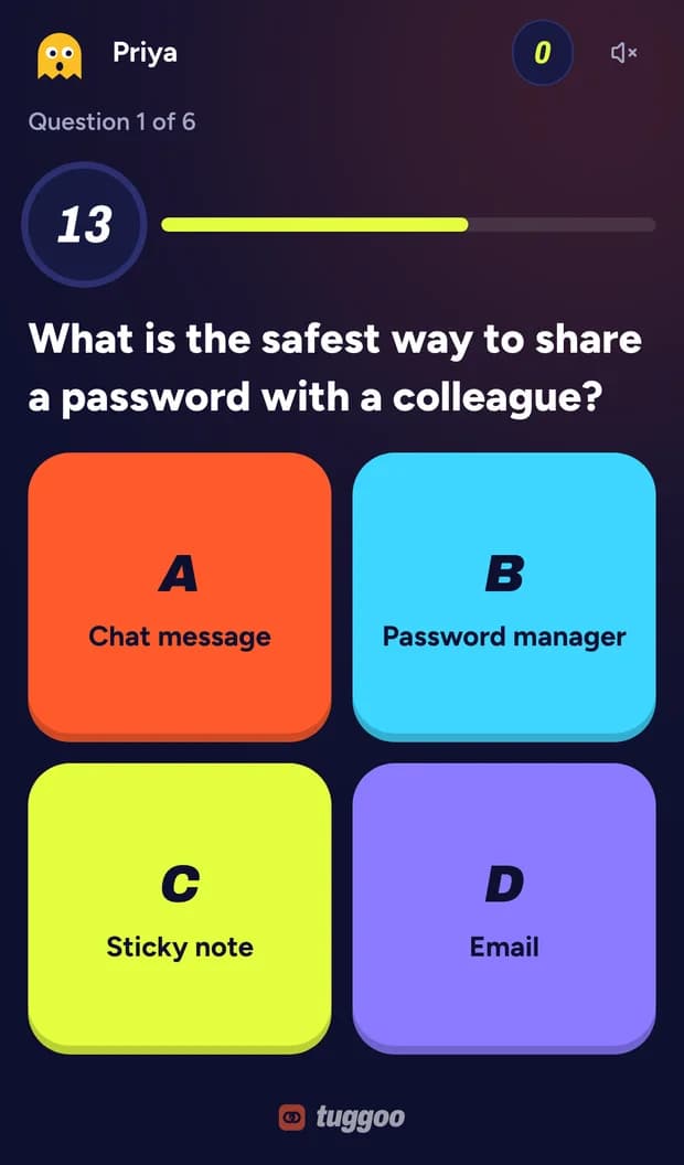A question on a player's phone: four large coloured answer buttons.