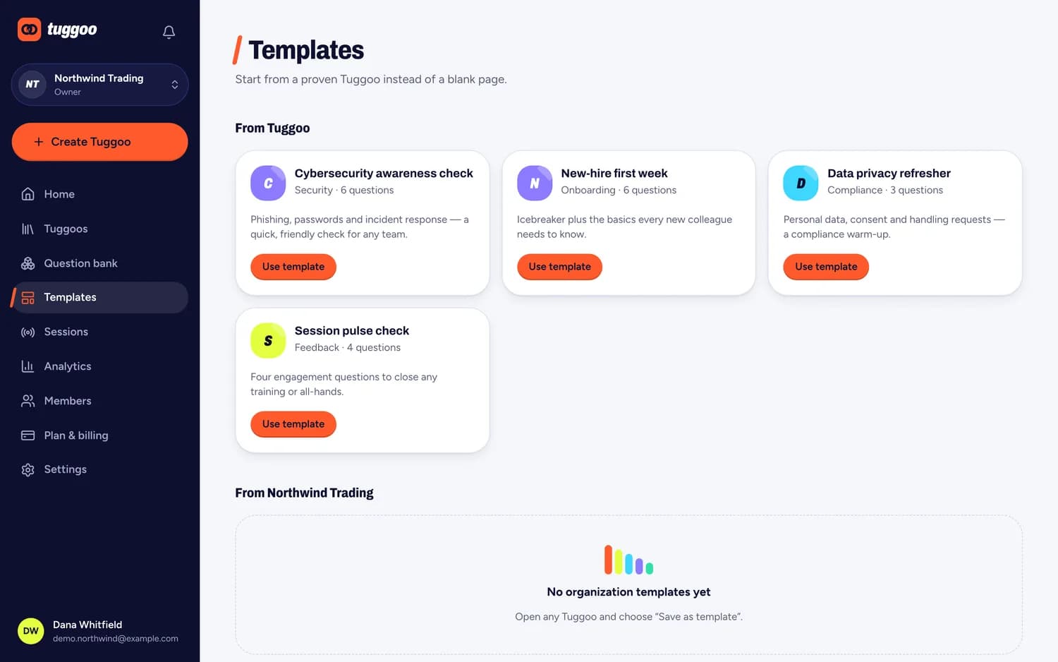 The Templates page: ready-made Tuggoos including a cybersecurity awareness check and a new-hire first week, each with a Use template button.