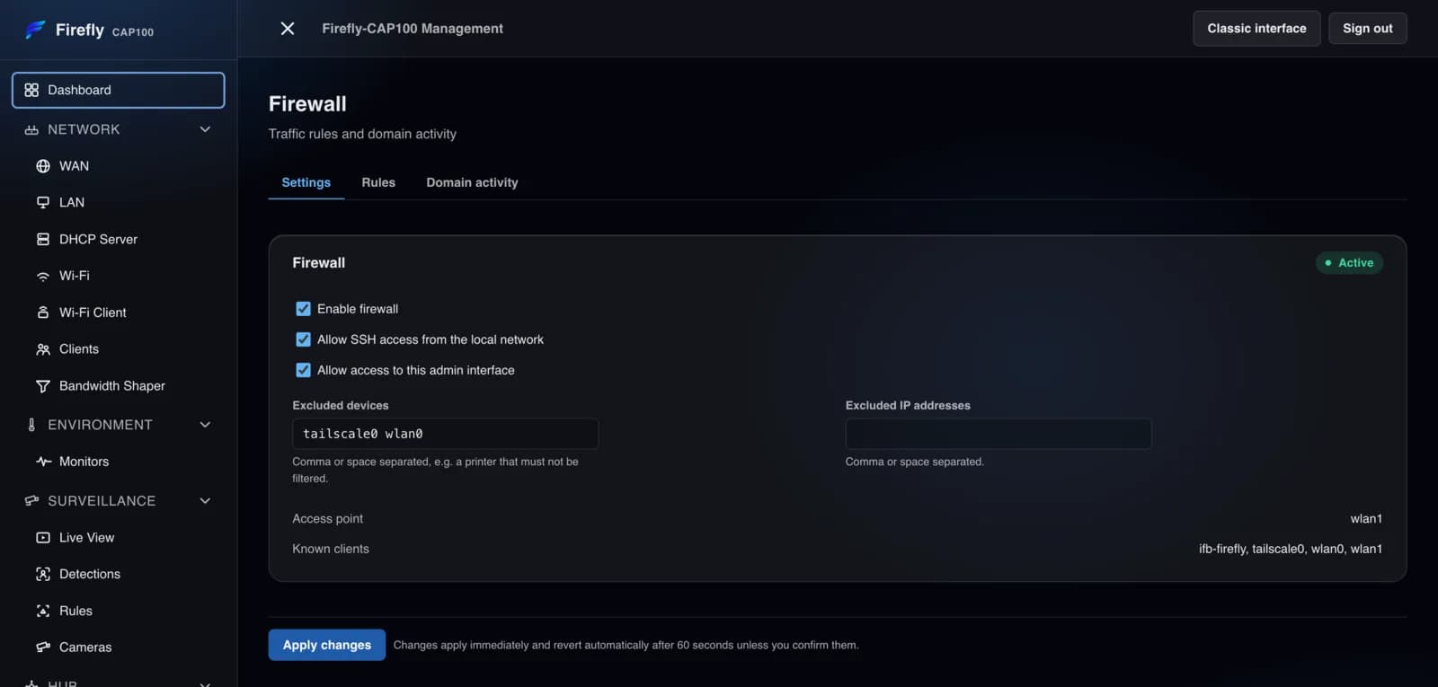 The Firewall page: the master switch, SSH and admin-interface access controls, and the excluded devices list.
