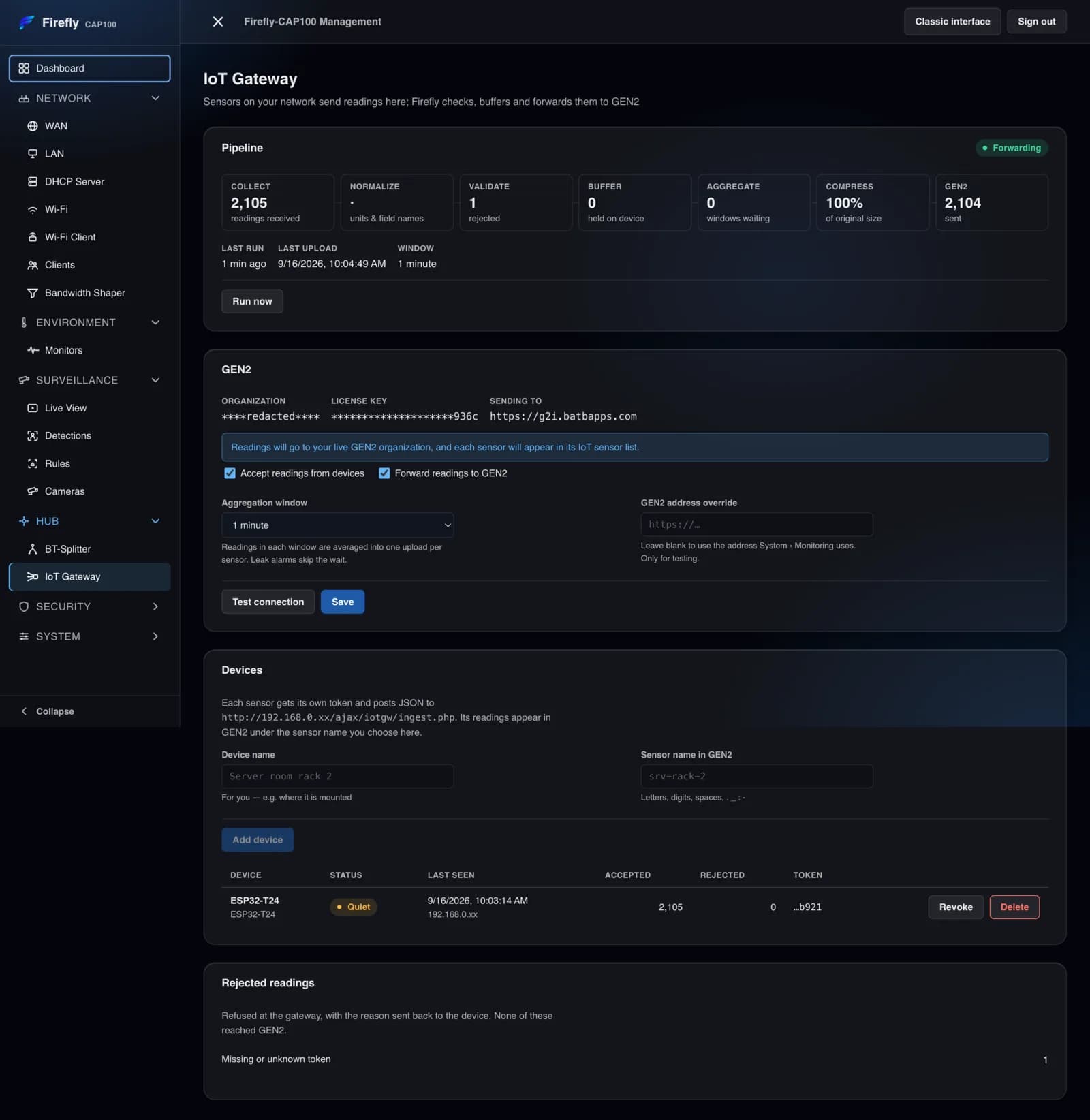The IoT Gateway page: the five-stage pipeline, GEN2 connection settings, registered sensor devices with their tokens and counts, and rejected readings.