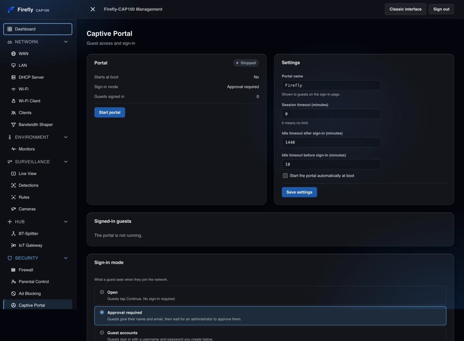 The Captive Portal page: portal controls, settings for name and timeouts, and the sign-in mode guests meet when they join.