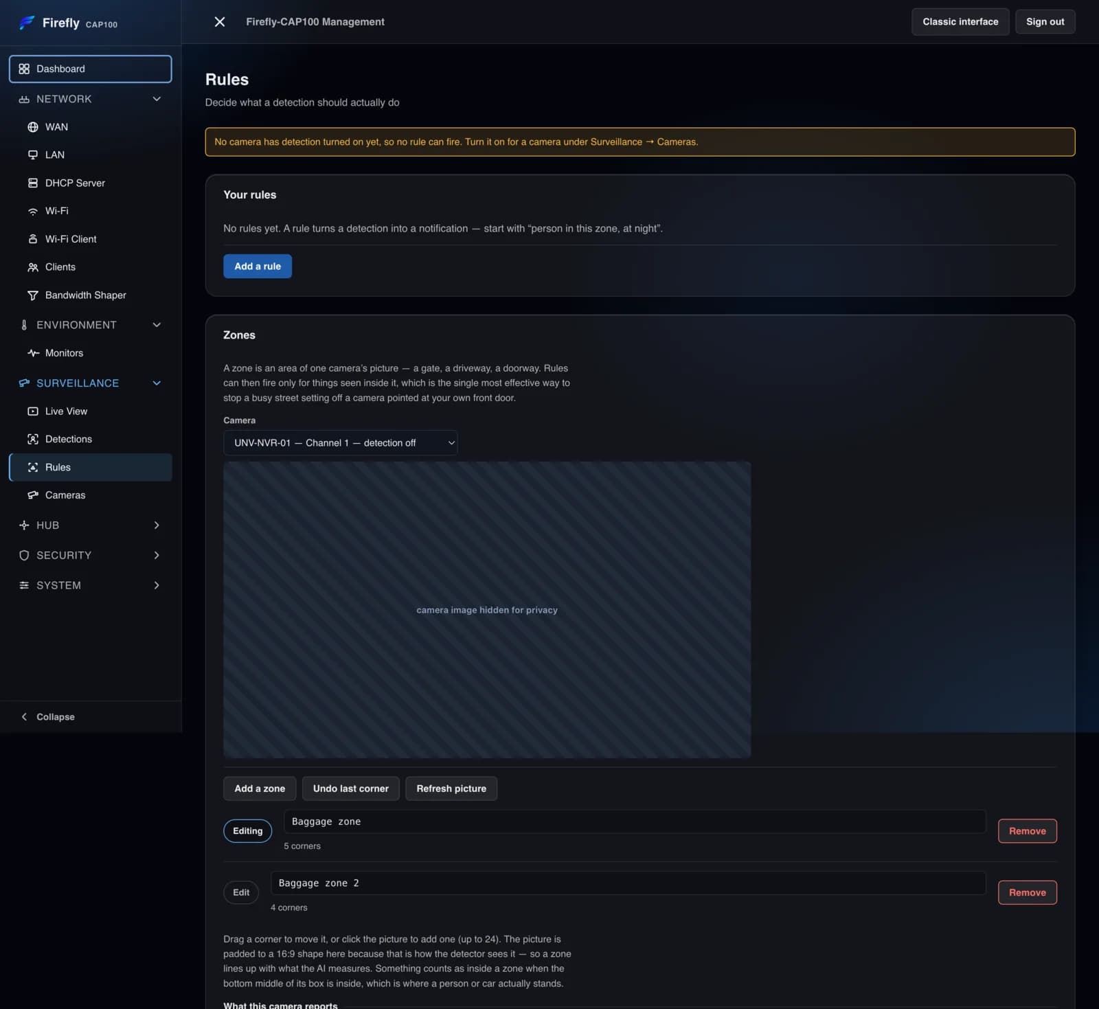 The Rules page: zones, schedules, owner presence and detection rules with their cooldowns and webhooks.