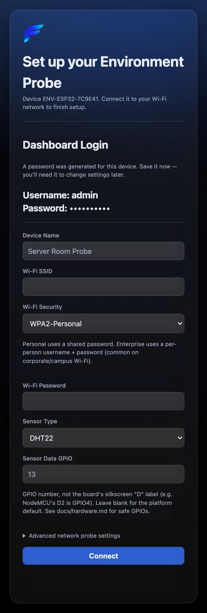 The box's first-boot setup page on a phone: the generated dashboard login, then fields for device name, Wi-Fi network, security type, password, sensor type and sensor pin.