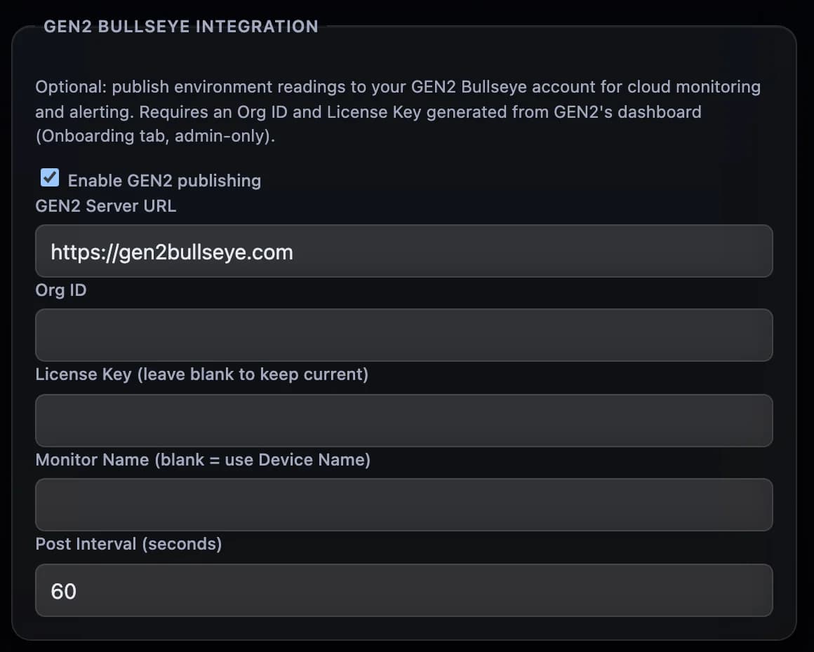 The GEN2 Bullseye Integration panel in the box's Settings: enable switch, server URL, organisation ID, licence key, monitor name and post interval.